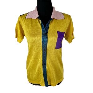 Marni Metallic Colorblock Knit Polo Shirt Yellow Blue Pink IT Size 38 US Sz 2 XS